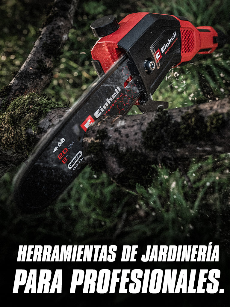 Una motosierra a batería roja corta una rama, con el texto "Herramientas de Jardín para Profesionales".