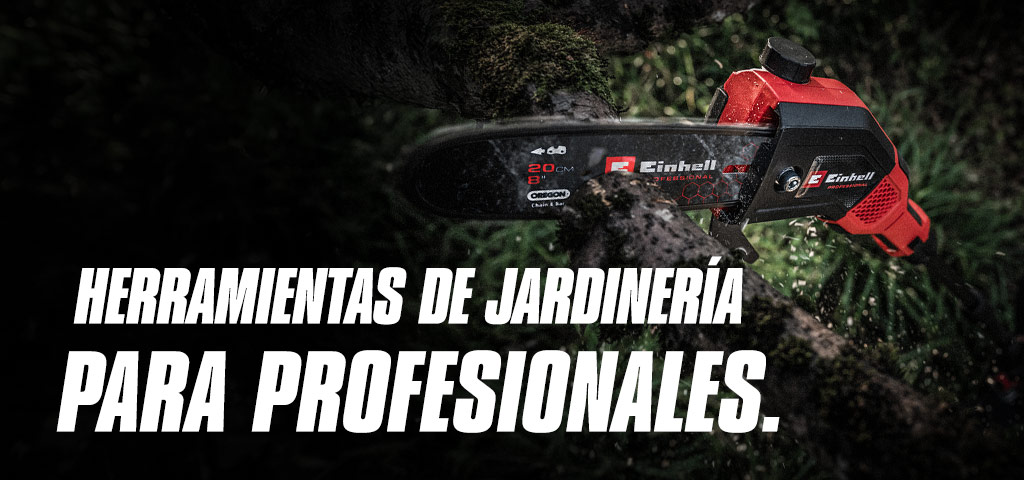 Una motosierra a batería roja corta una rama, con el texto "Herramientas de Jardín para Profesionales".