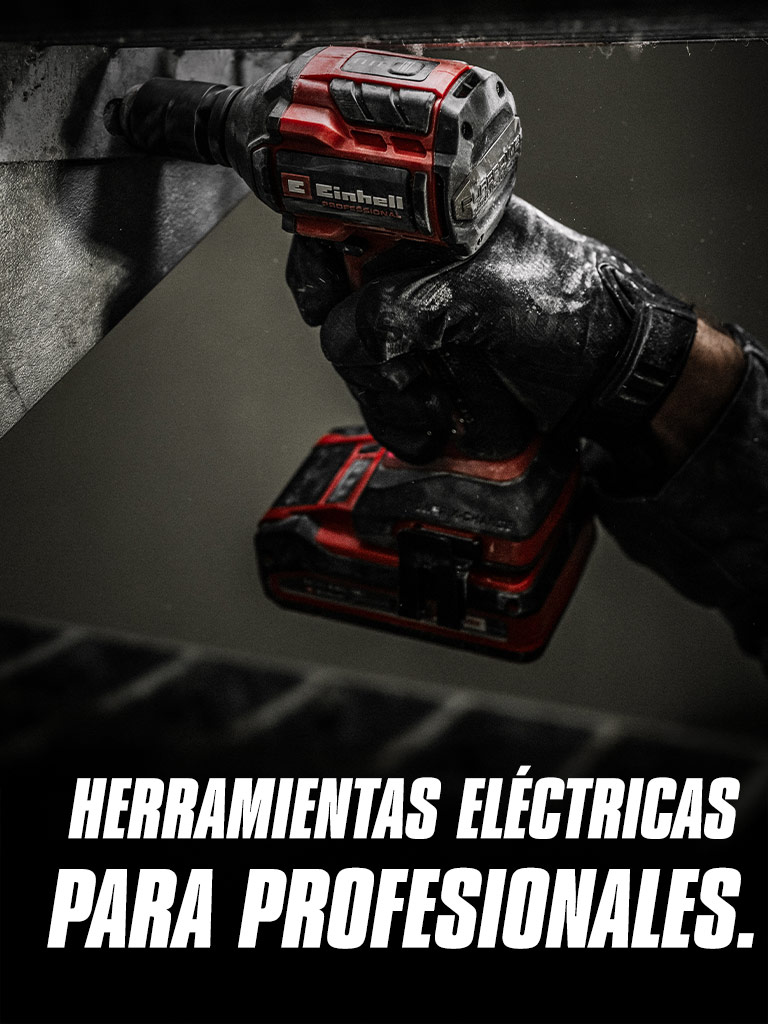 Una mano sostiene una llave de impacto a batería roja que se utiliza en una viga de metal, con el texto "Herramientas Eléctricas para Profesionales".