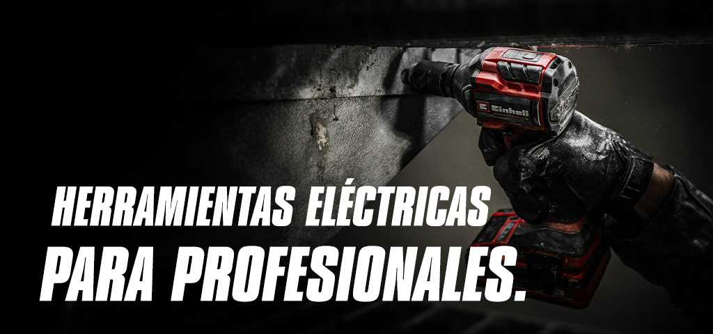 Una mano sostiene una llave de impacto a batería roja que se utiliza en una viga de metal, con el texto "Herramientas Eléctricas para Profesionales".