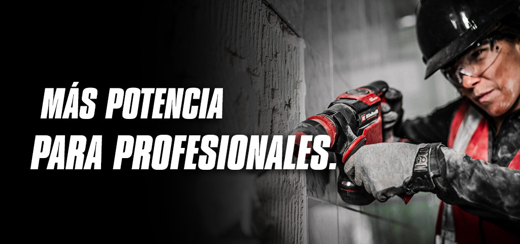 Una persona con gafas de seguridad y casco usa un taladro rojo en una pared, con el texto "Más poder para Profesionales".