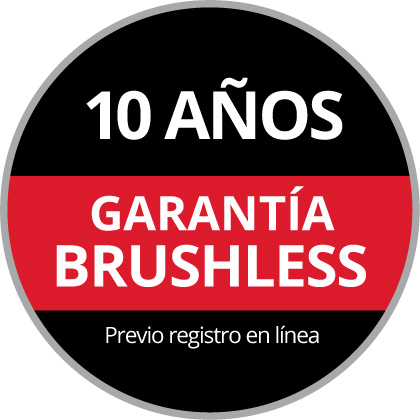Logotipo redondo de la garantía con el texto "Garantía sin escobillas de 10 años, tras el registro en línea" sobre un fondo negro y rojo.