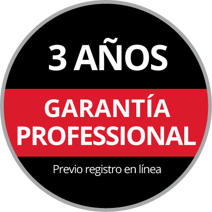 Logotipo redondo de la garantía con el texto "Garantía Profesional de 3 años, tras Registro En Línea" sobre un fondo negro y rojo.