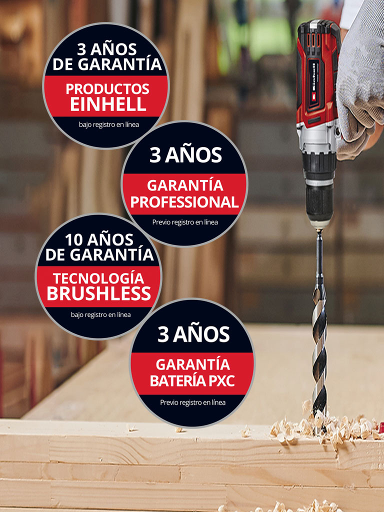 Aquí puedes ver a un hombre en un taller usando un taladro Einhell. Además, se han colocado en la imagen los iconos para los diferentes tipos de extensión de garantía. Las siguientes extensiones de garantía son posibles: ‘Garantía del producto’, ‘Professional warranty’, ‘Brushless warranty’ y ‘Garantía de la batería’.