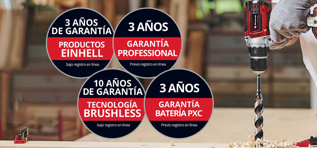 Aquí puedes ver a un hombre en un taller usando un taladro Einhell. Además, se han colocado en la imagen los iconos para los diferentes tipos de extensión de garantía. Las siguientes extensiones de garantía son posibles: ‘Garantía del producto’, ‘Professional warranty’, ‘Brushless warranty’ y ‘Garantía de la batería’.