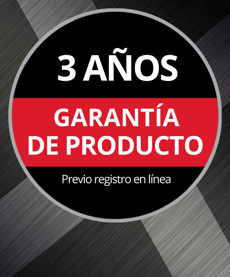 Logotipo redondo de la garantía con el texto "3 años de Garantía del Producto, tras el registro en línea" sobre un fondo gris.