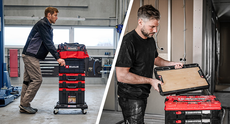 Zwei Männer arbeiten mit dem Einhell E-Case System; einer zieht einen Rollkoffer, der andere öffnet einen Koffer mit Holzplatte.