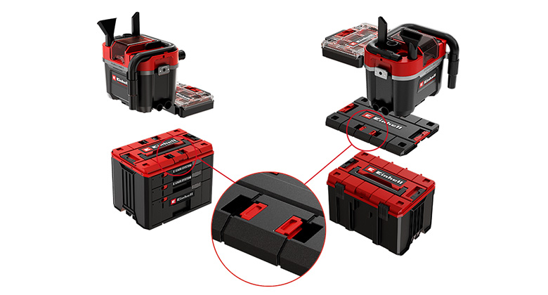 Darstellung des Einhell E-Case Systems mit verschiedenen Modulen, Fokus auf rotes Verbindungssystem im Detailkreis.